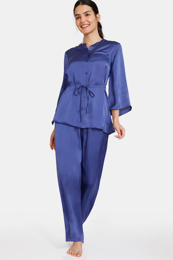Buy Zivame Modern Love Woven Pyjama Set - Medieval Blue